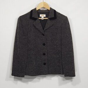 Talbots  Grey & Black 4 Button Blazer / Jacket  Black velvet trim Size 8 Petite